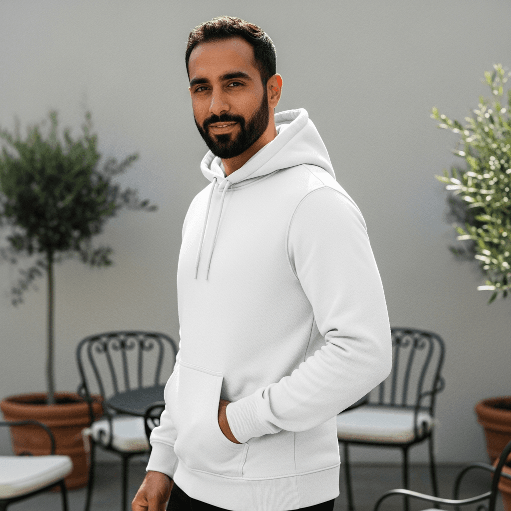 White Terry Cloth Pullover Hoodie on Male Model