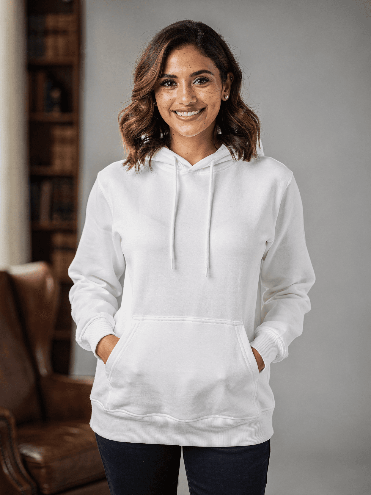 White Polyester Pullover Hoodie on Female Model