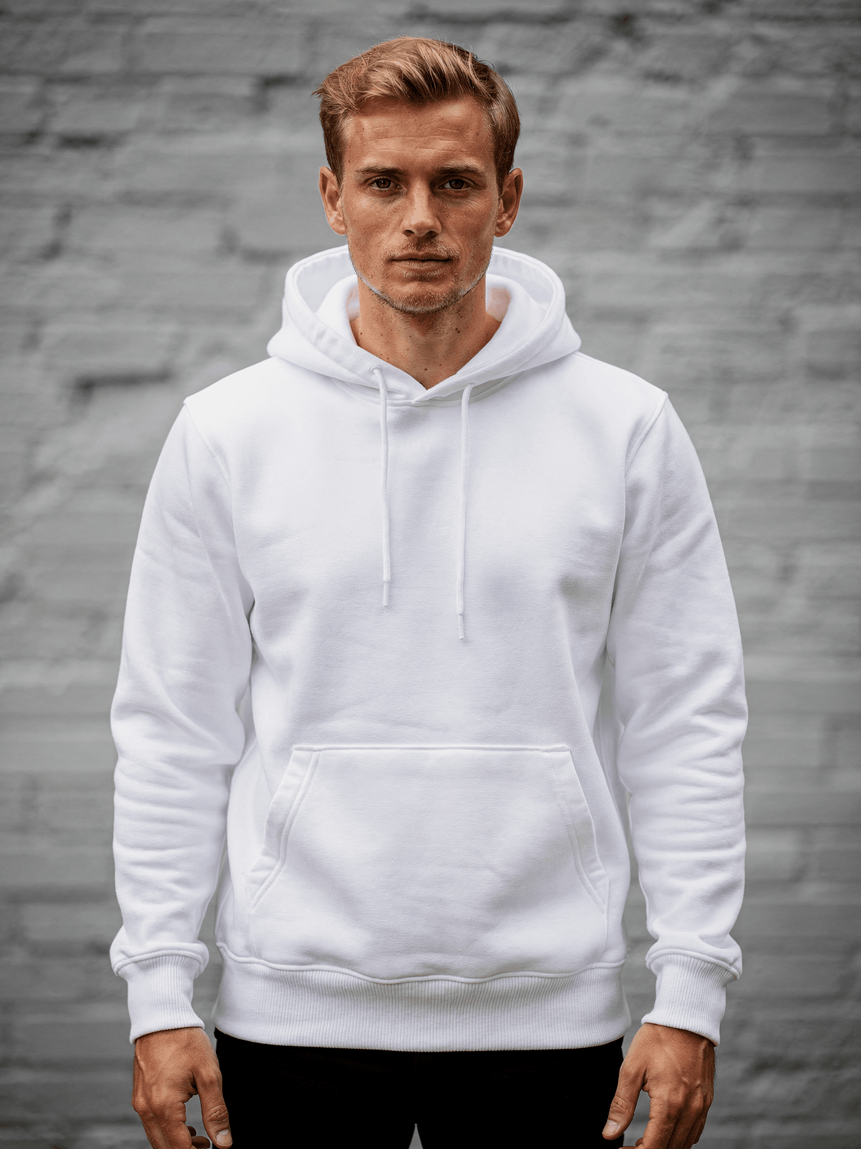 White Tri-Blend Pullover Hoodie on Male Model