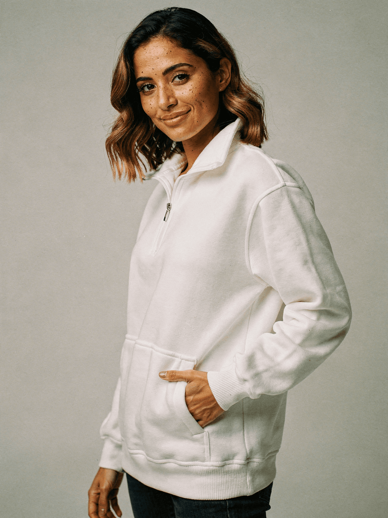 White Quarter-Zip Sweatshirt Mockup on Female Model