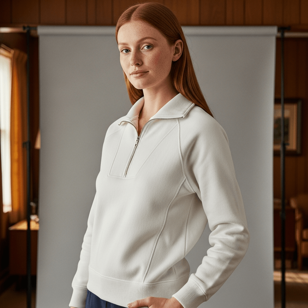 White Quarter-Zip Pullover Mockup on Female Model