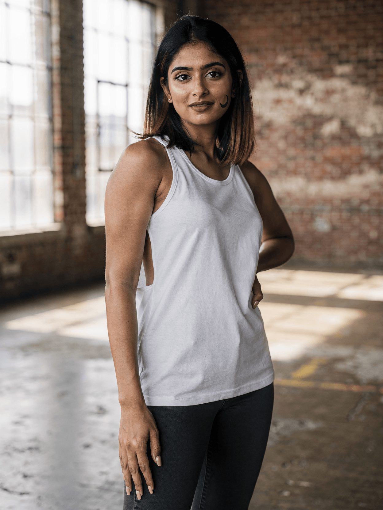 White Cotton Racerback Tank Mockup on Female Model