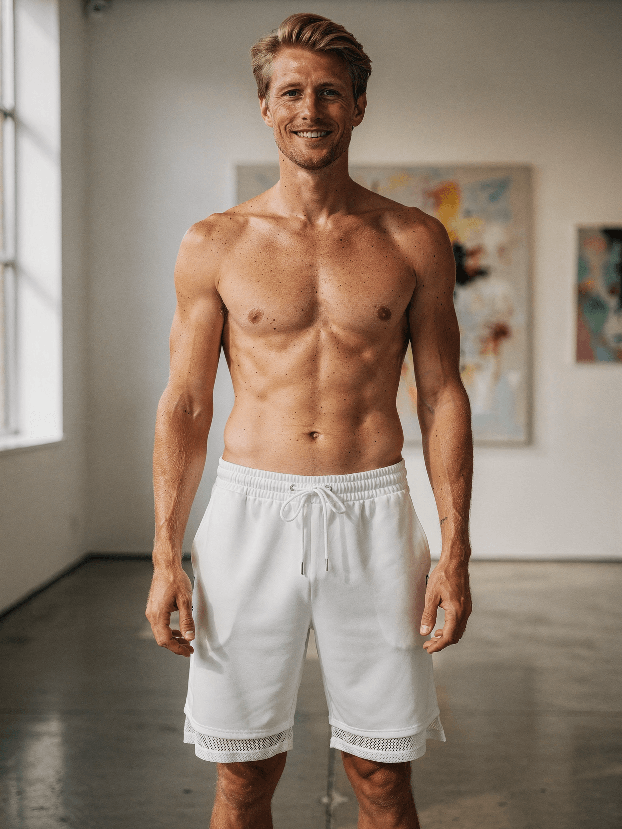 White Cotton Blend Athletic Shorts on Male Model