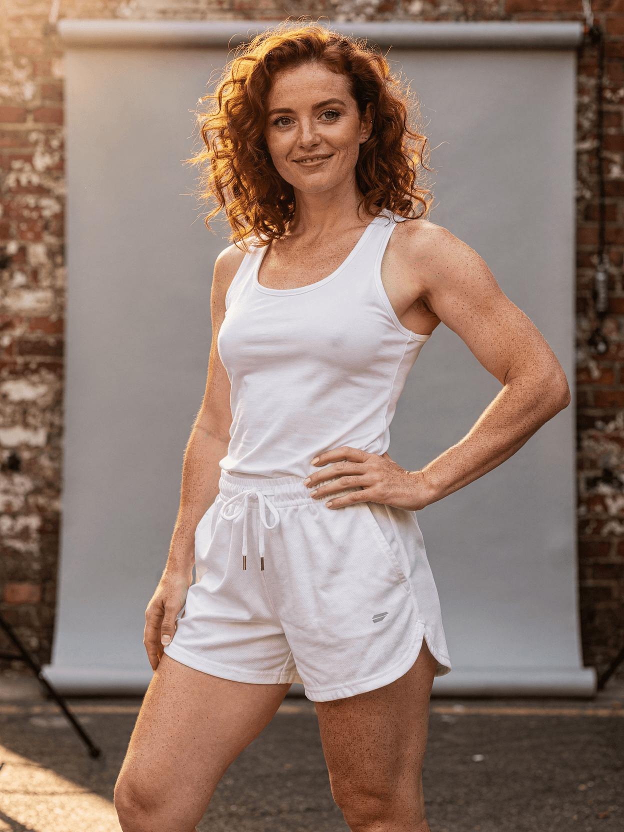 White Polyester Shorts Mockup on Female Model