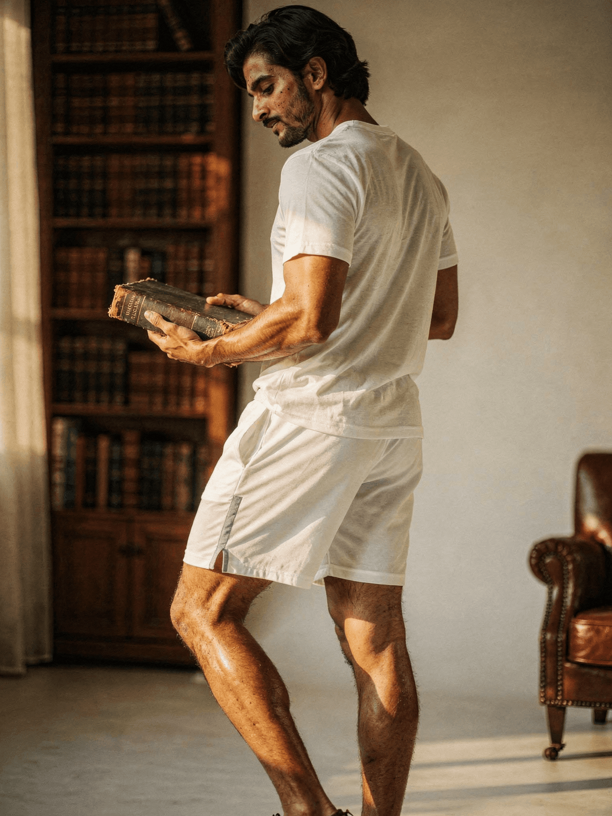 White Polyester Mesh Shorts Mockup on Male Model — Back View