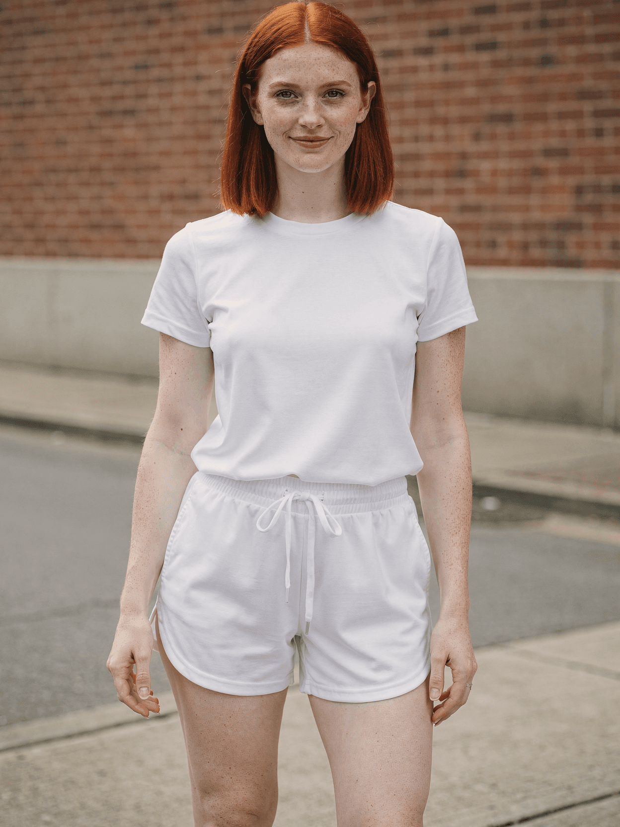 White Tri-Blend Shorts Mockup on Female Model
