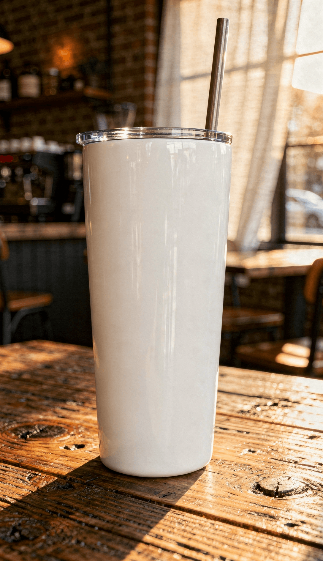 White Stainless Steel Tumbler Mockup - Café Setting — Print Surface Detail Close-Up