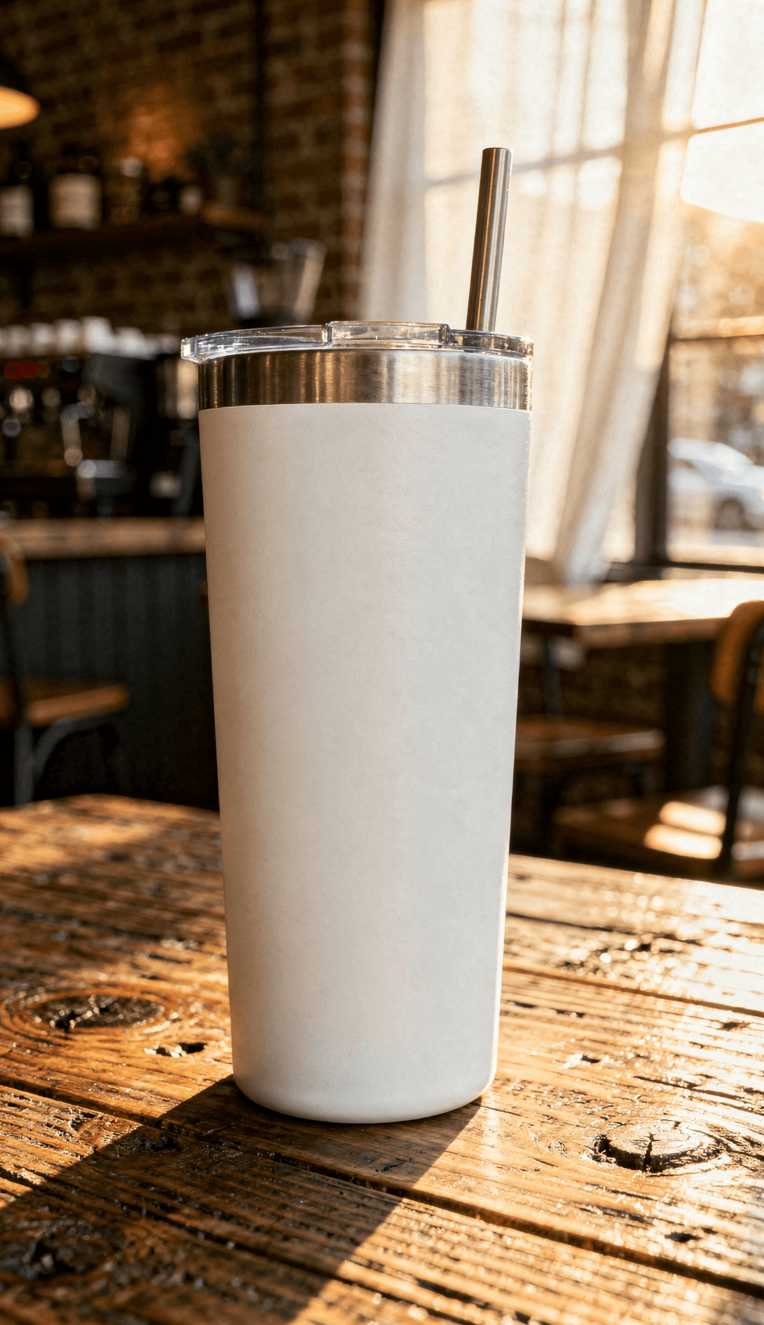 White Stainless Steel Tumbler Mockup - Café Setting — Three-Quarter Hero Shot