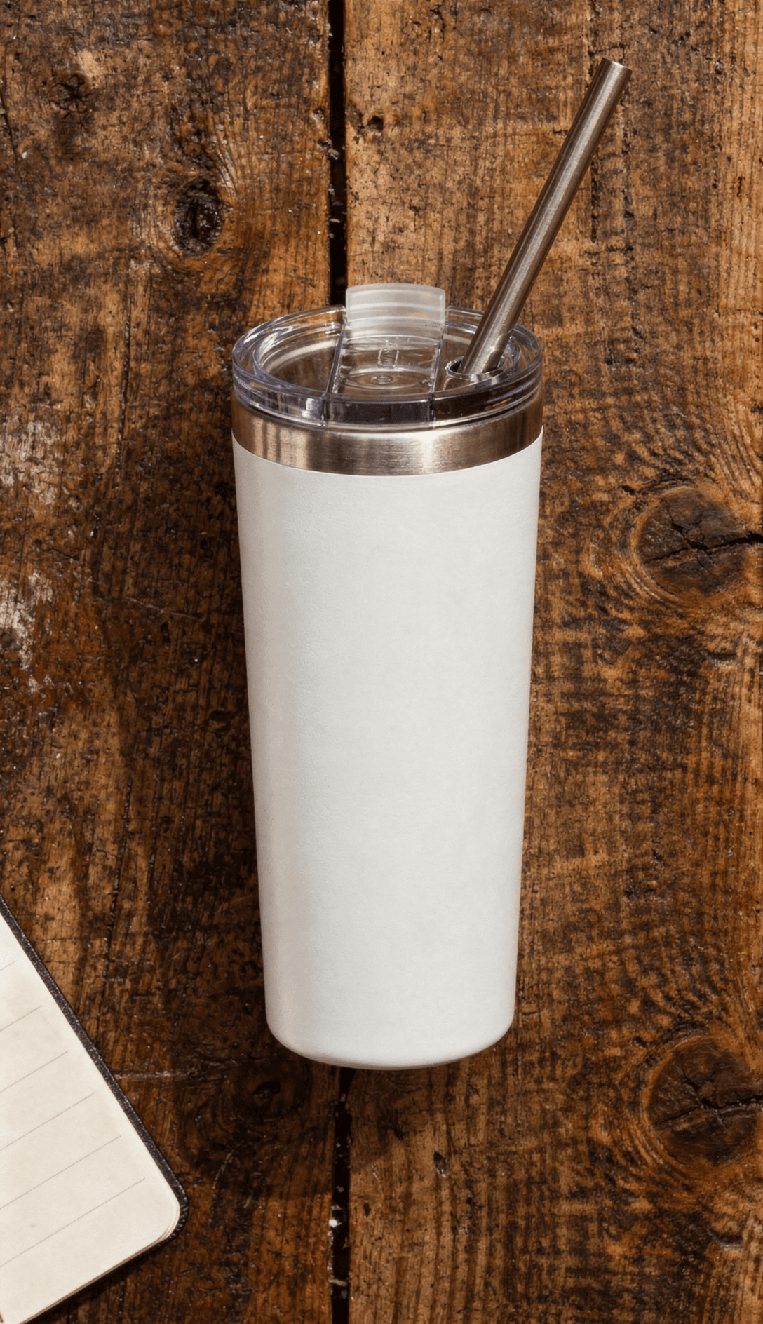 White Stainless Steel Tumbler Mockup - Café Setting — Overhead Lid and Straw View