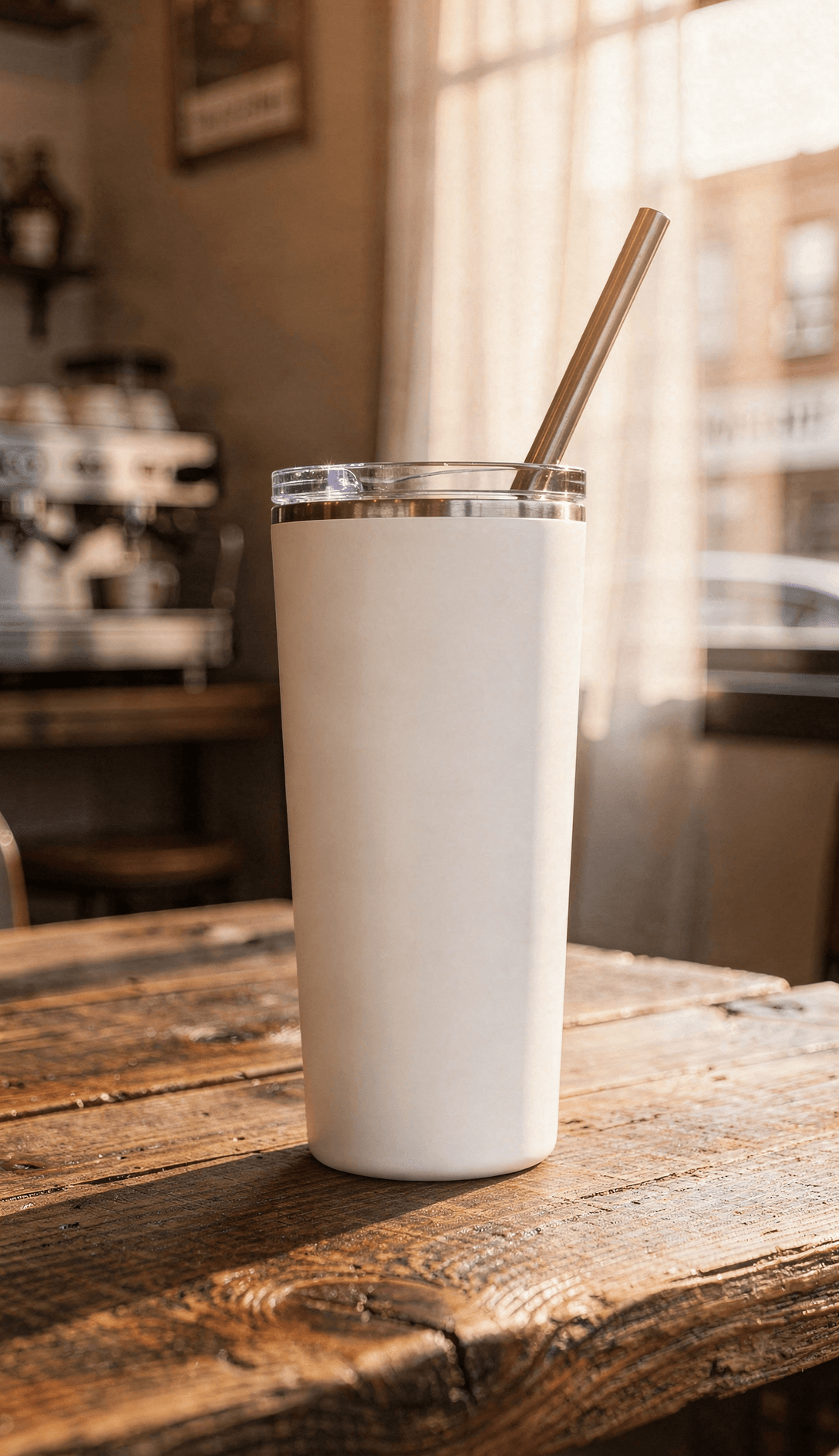 White Stainless Steel Tumbler Mockup - Café Setting — Straight-On Front View