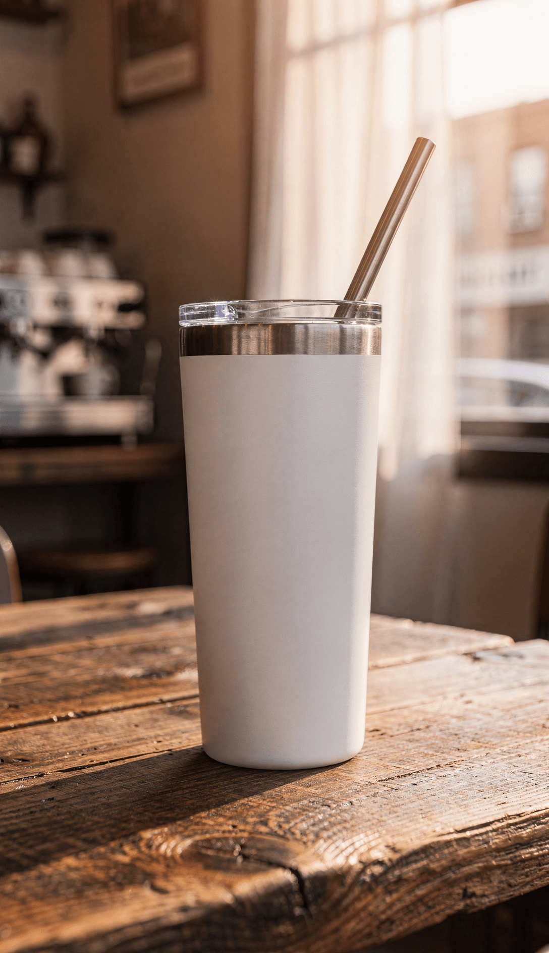 White Stainless Steel Tumbler Mockup - Café Setting