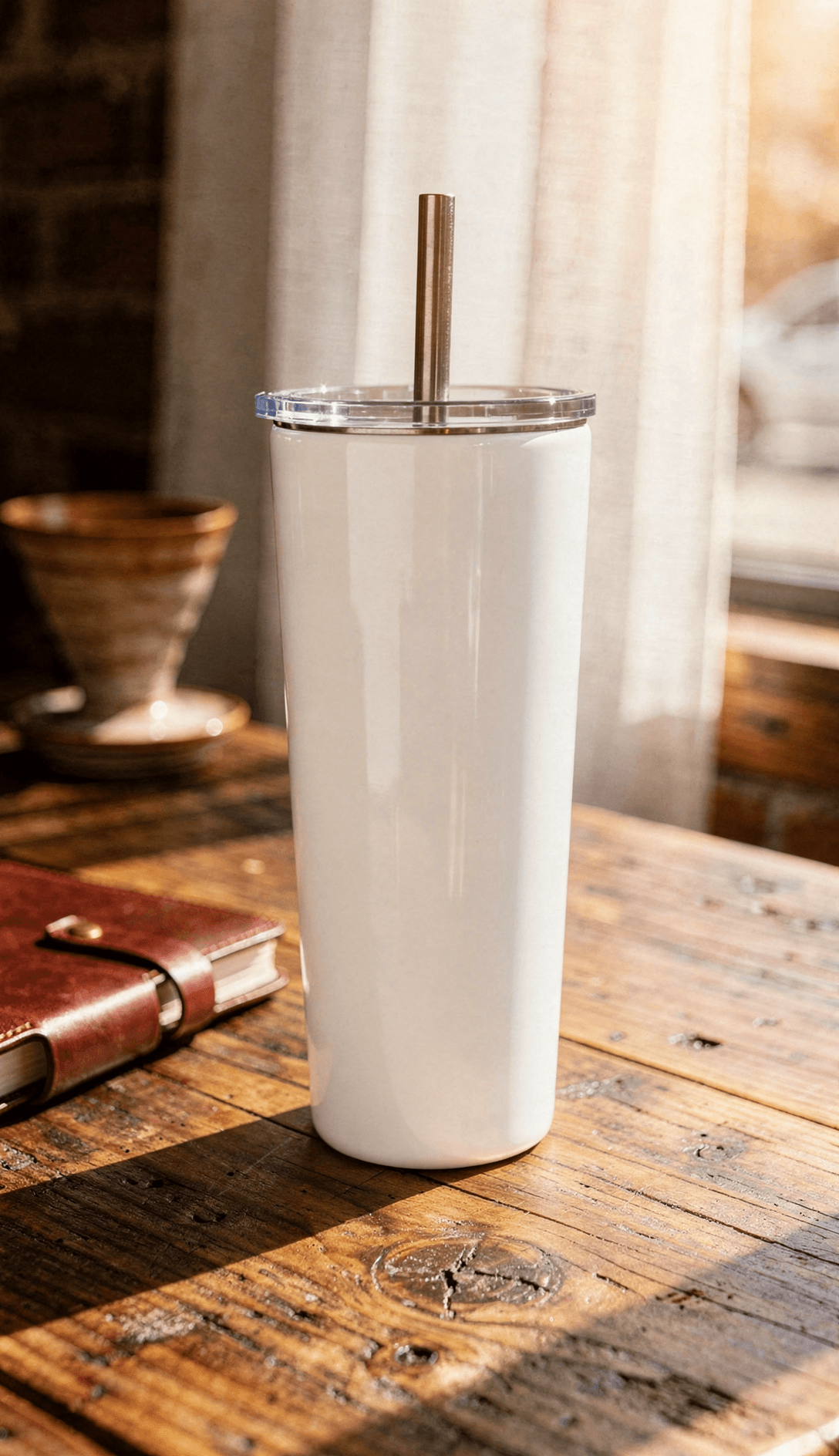 White Stainless Steel Tumbler Mockup - Café Setting — Low-Angle Premium Shot