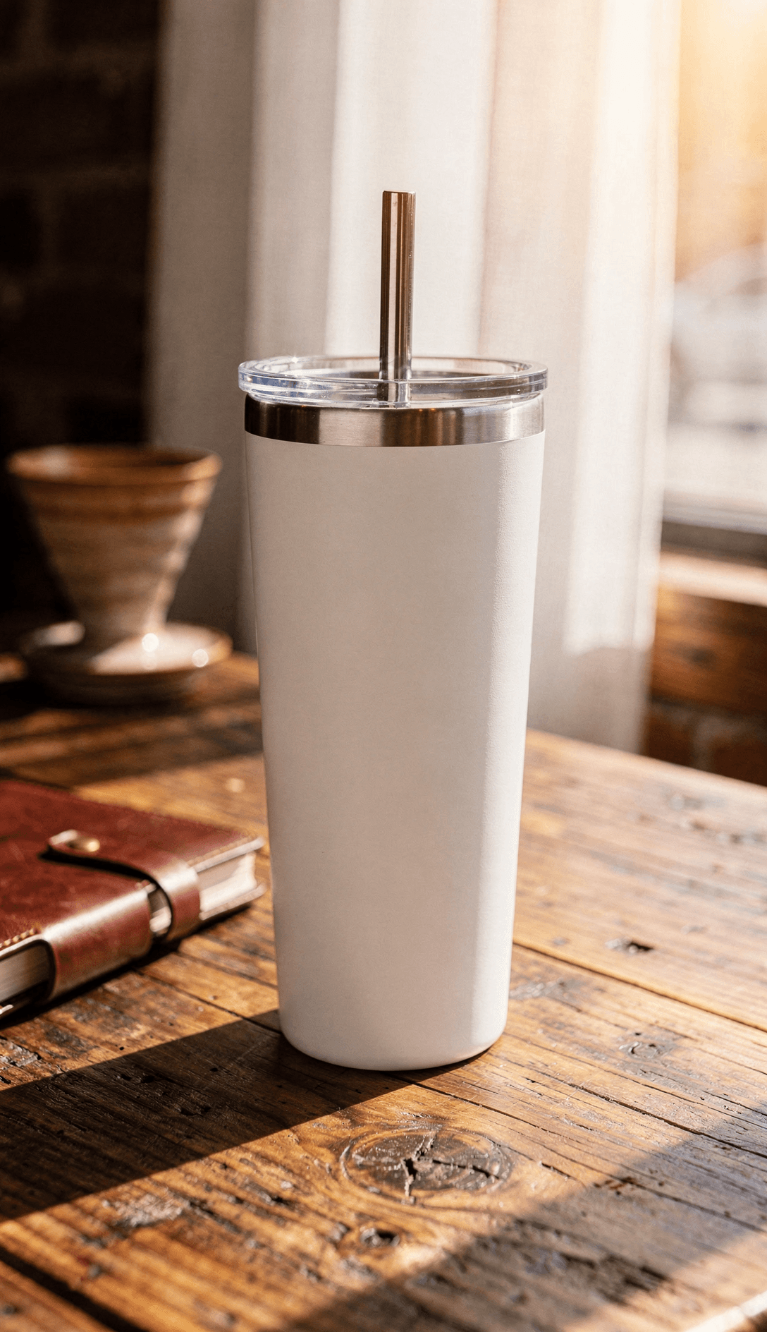 White Stainless Steel Tumbler Mockup - Café Setting