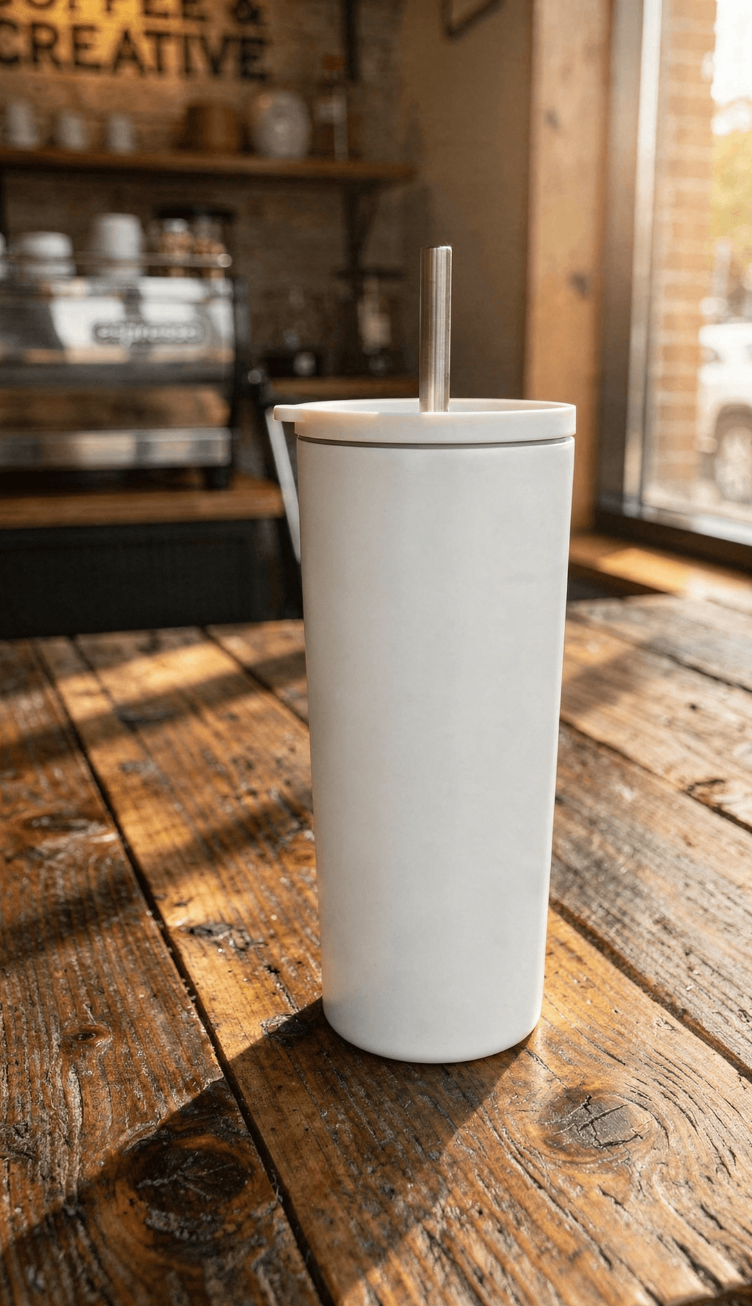 White Stainless Steel Tumbler Mockup - Café Setting — Low-Angle Premium Shot