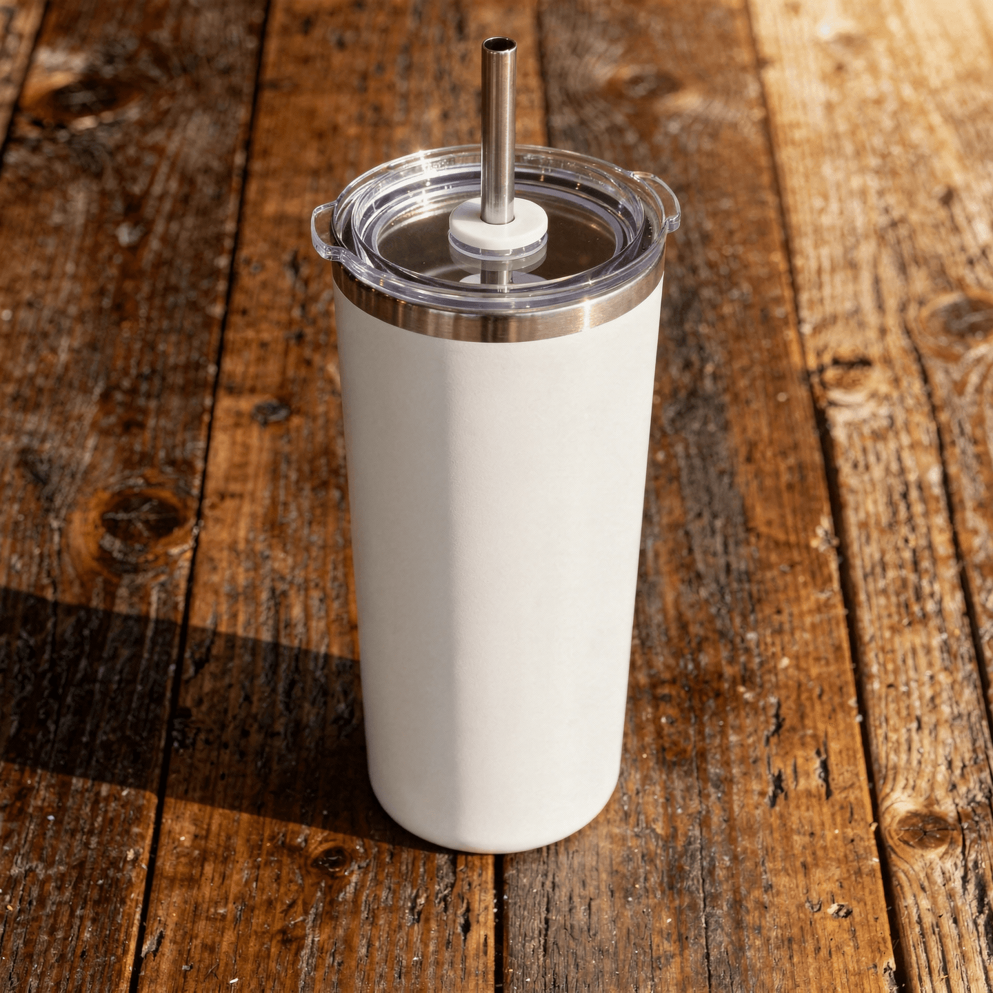 White Stainless Steel Tumbler Mockup - Café Setting — Overhead Lid and Straw View