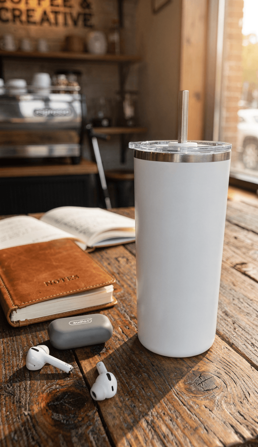 White Stainless Steel Tumbler Mockup - Café Setting