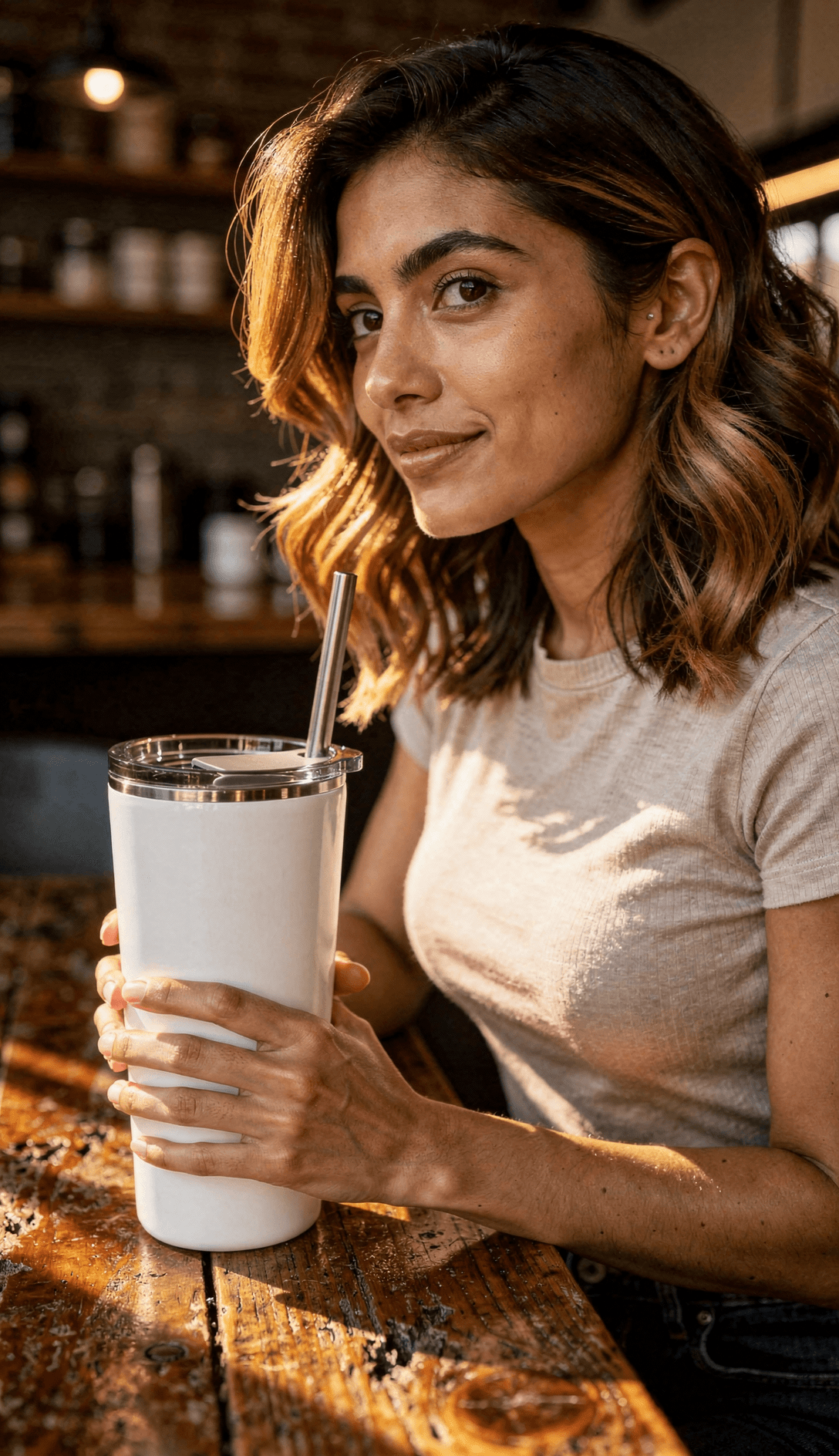 White Stainless Steel Tumbler Mockup - Café Setting — Lifestyle Hand-Holding Shot