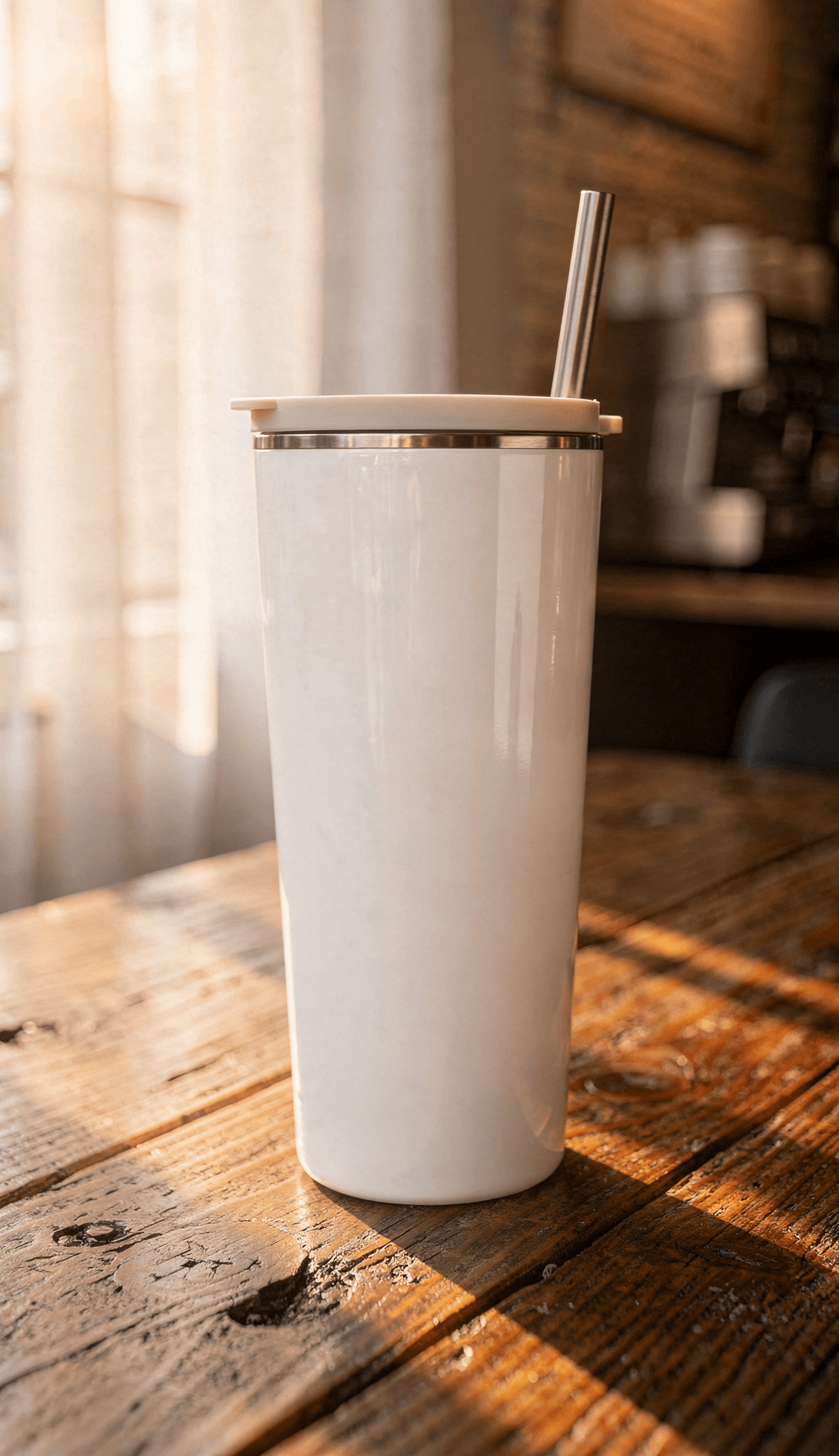 White Stainless Steel Tumbler Mockup - Café Setting — Low-Angle Premium Shot