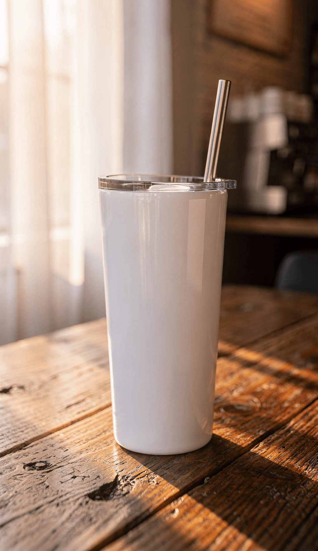 White Stainless Steel Tumbler Mockup - Café Setting