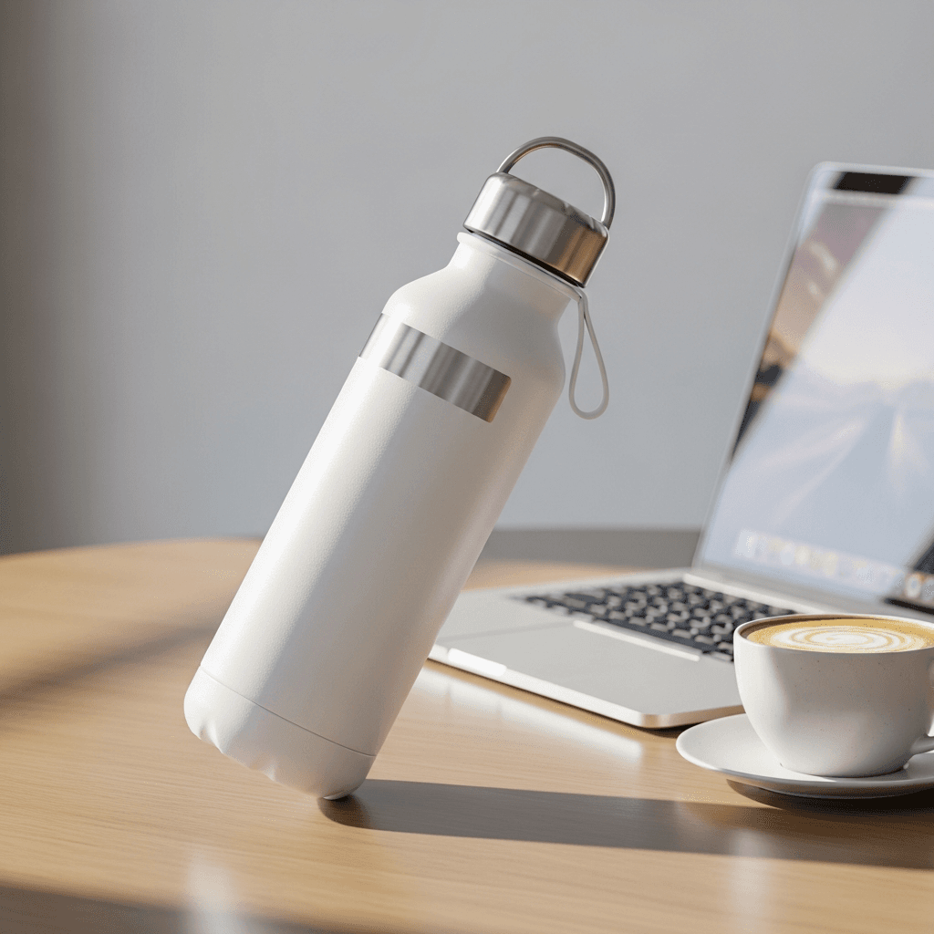 White Aluminum Sports Bottle Mockup - Cafe Setting