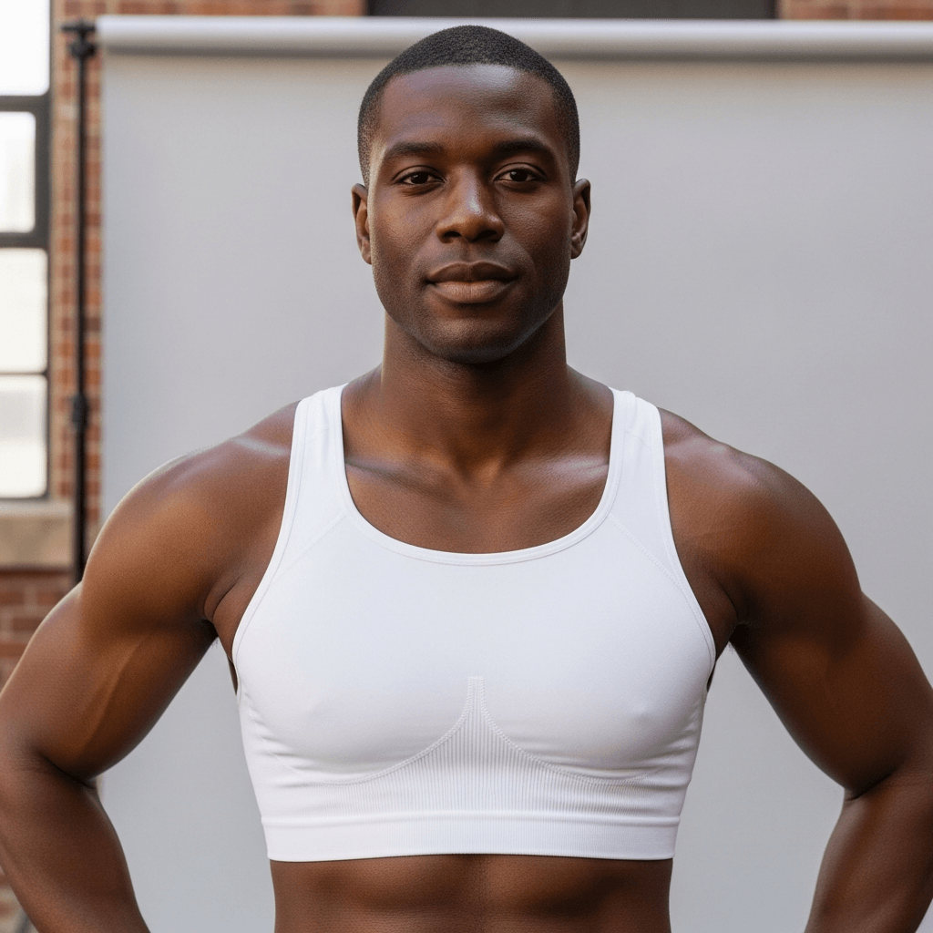 White Cotton Blend Sports Bra Mockup on Male Model