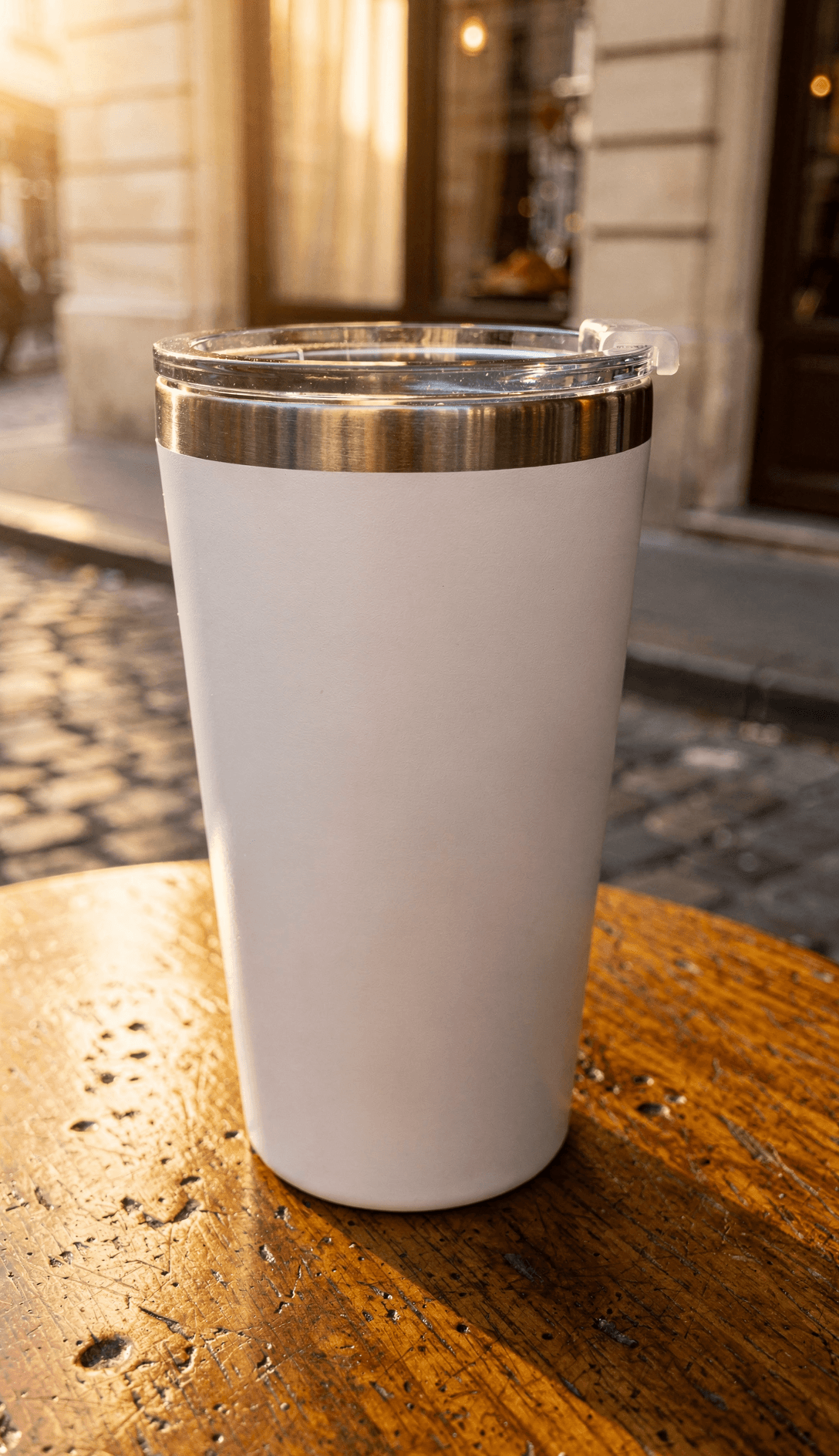 White Stainless Steel Tumbler Mockup - Café Setting