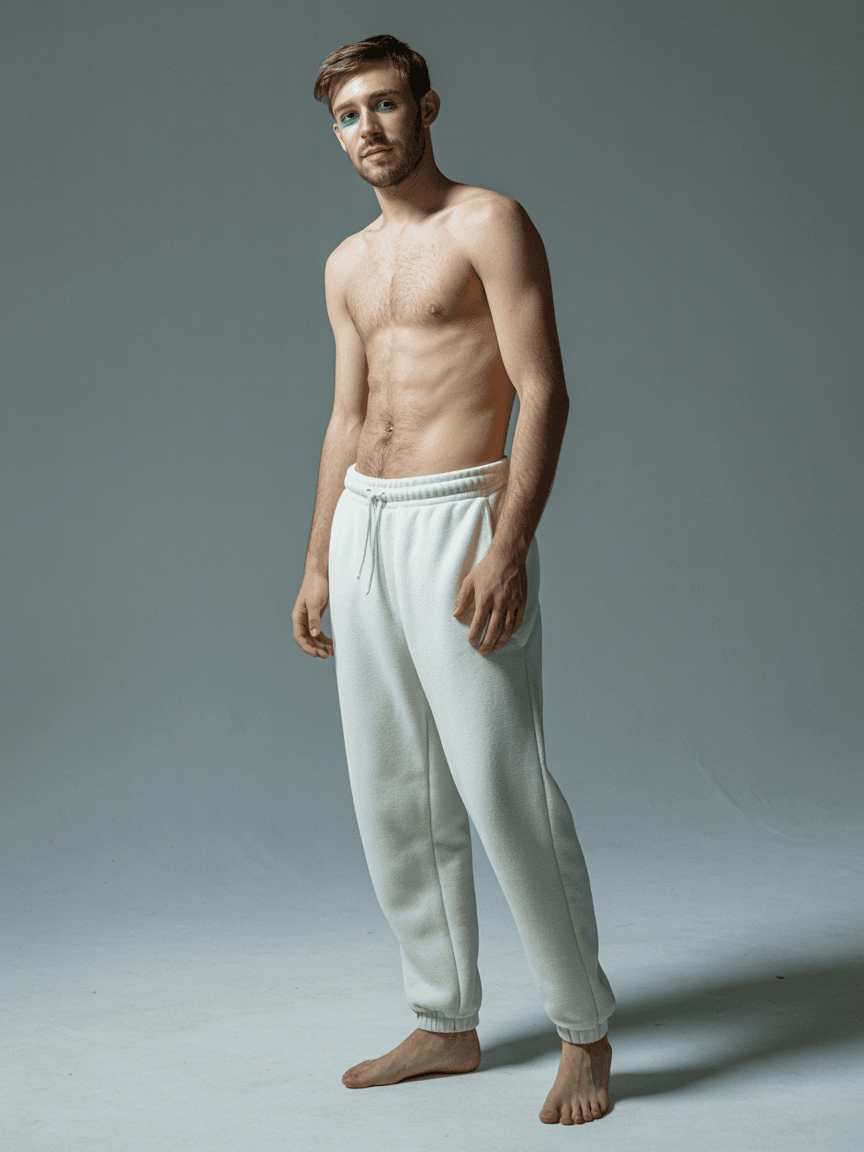 White Tri-Blend Cuffed Sweatpants on Male Model