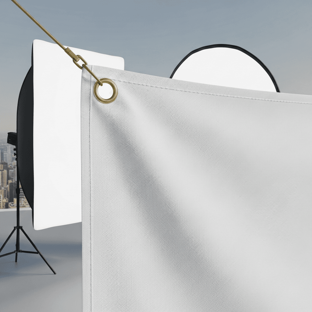 White Organic Cotton Tapestry Mockup - Rooftop Studio — Corner Construction Detail