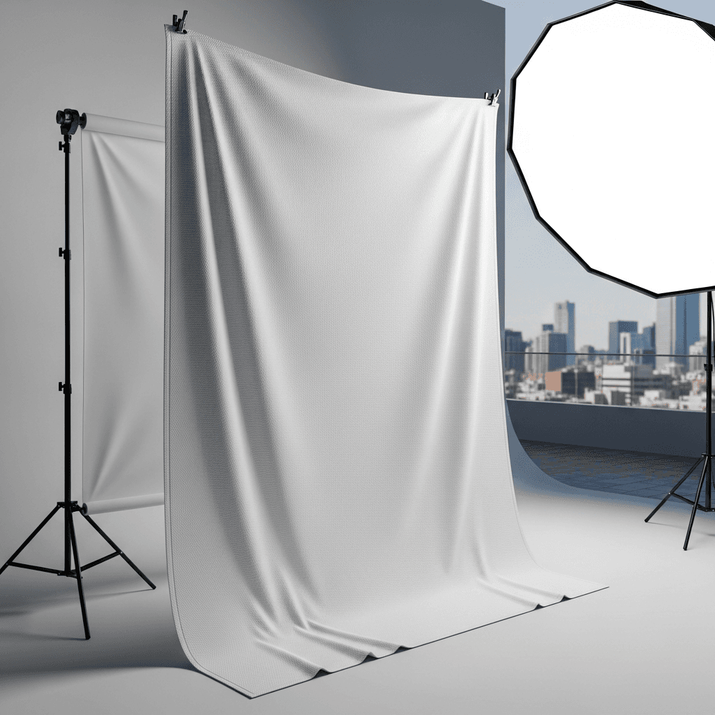 White Organic Cotton Tapestry Mockup - Rooftop Studio — Three-Quarter View