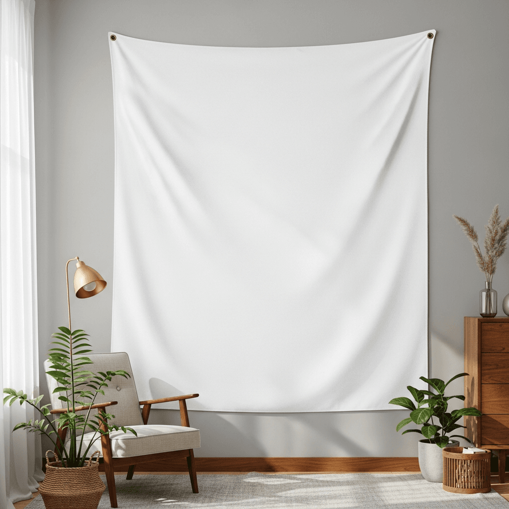 White Polyester Tapestry Mockup - Reading Nook