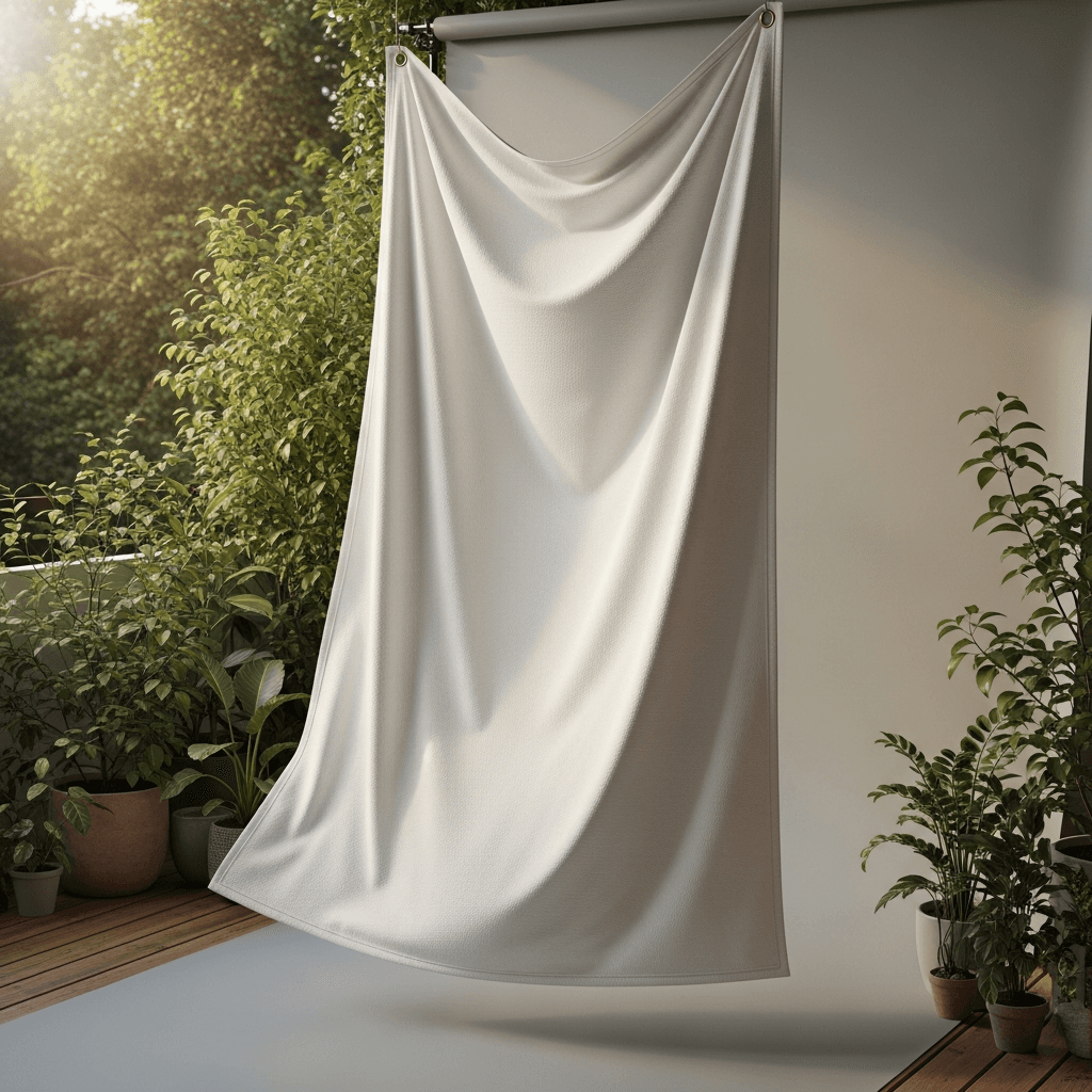 White Premium Cotton Tapestry Mockup - Garden Terrace — Three-Quarter View
