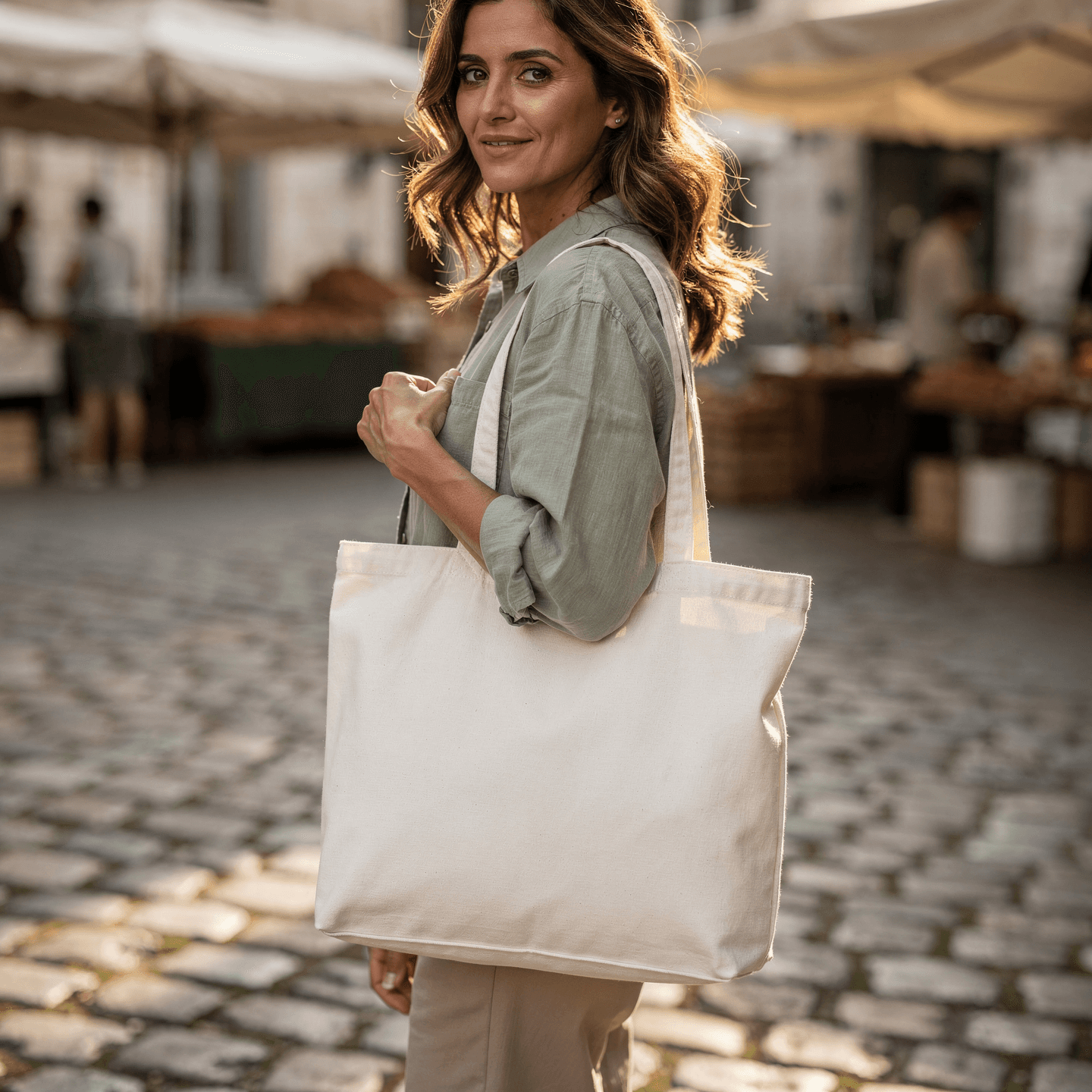 White Washed Canvas Tote Bag Mockup - Market Setting — Three-Quarter Lifestyle Shot