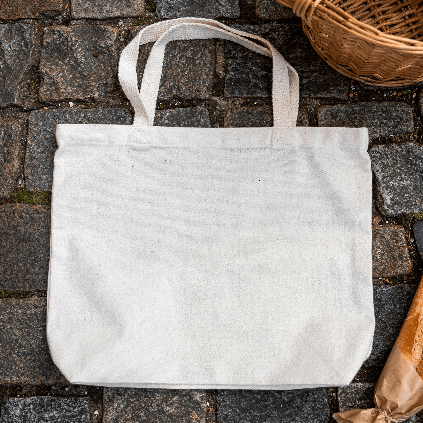 White Canvas Tote Bag Mockup - Cobblestone Setting — Overhead Flat Lay