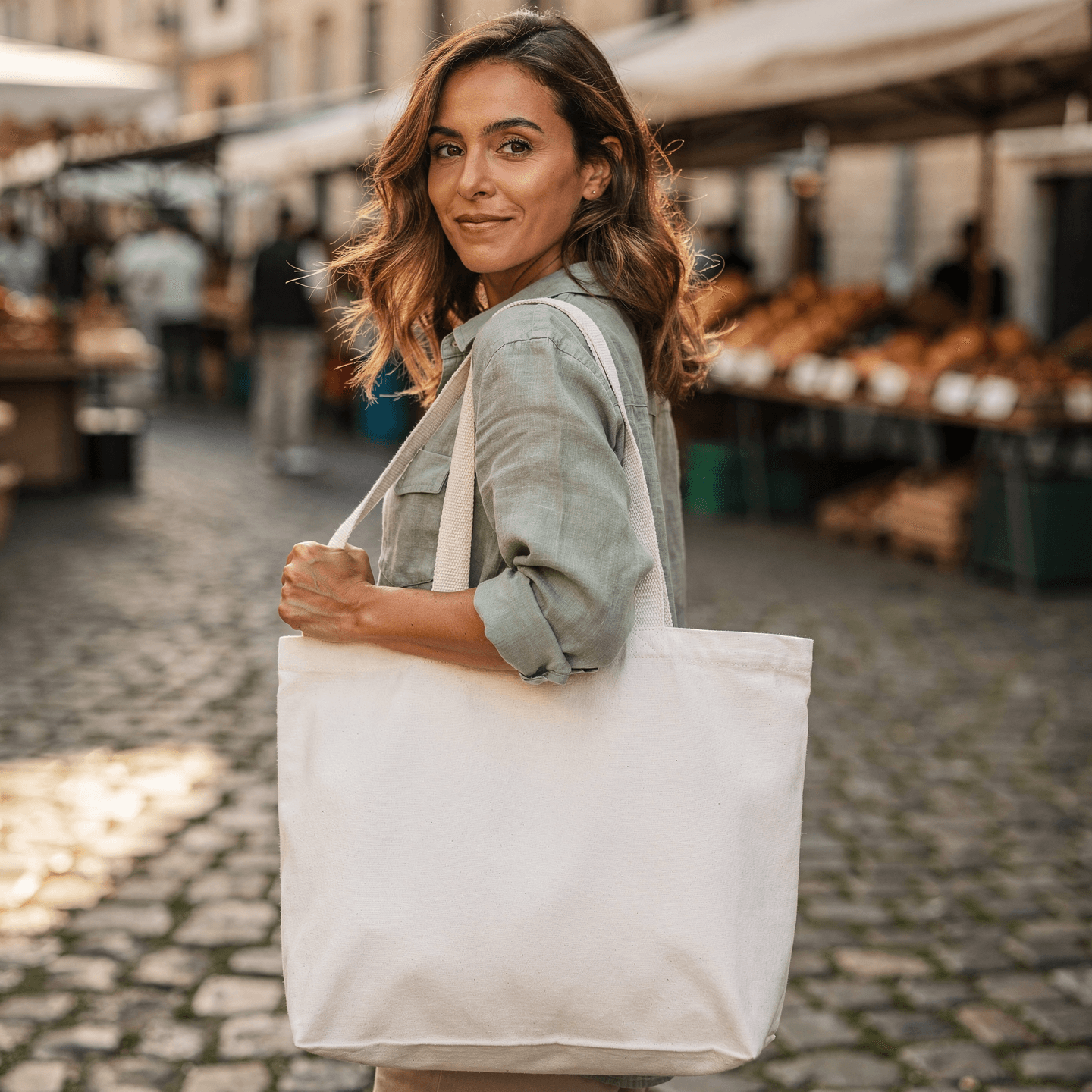 White Heavy Canvas Tote Bag Mockup - Market Setting — Three-Quarter Lifestyle Shot
