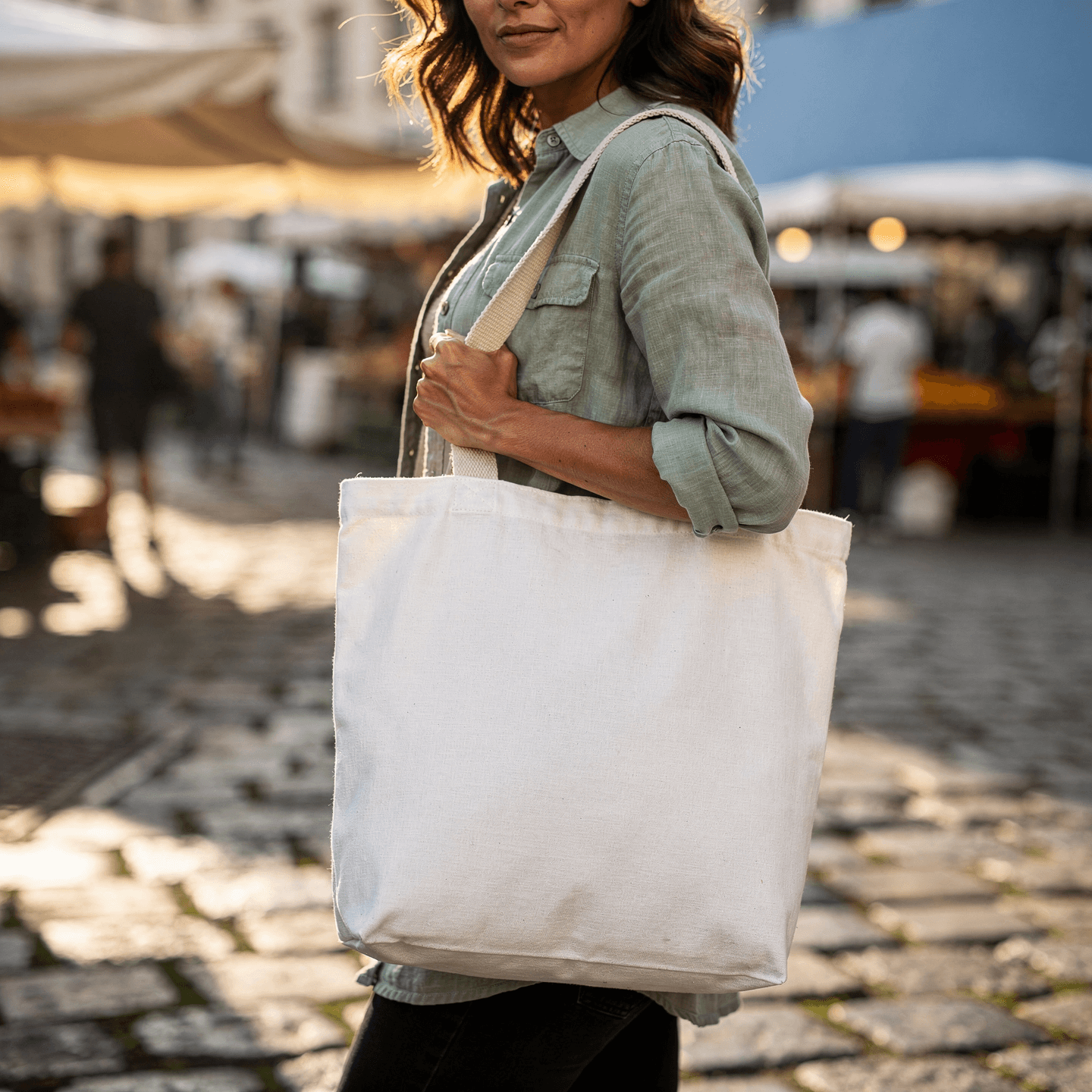 White Cotton Canvas Tote Bag Mockup - Market — Three-Quarter Lifestyle Shot