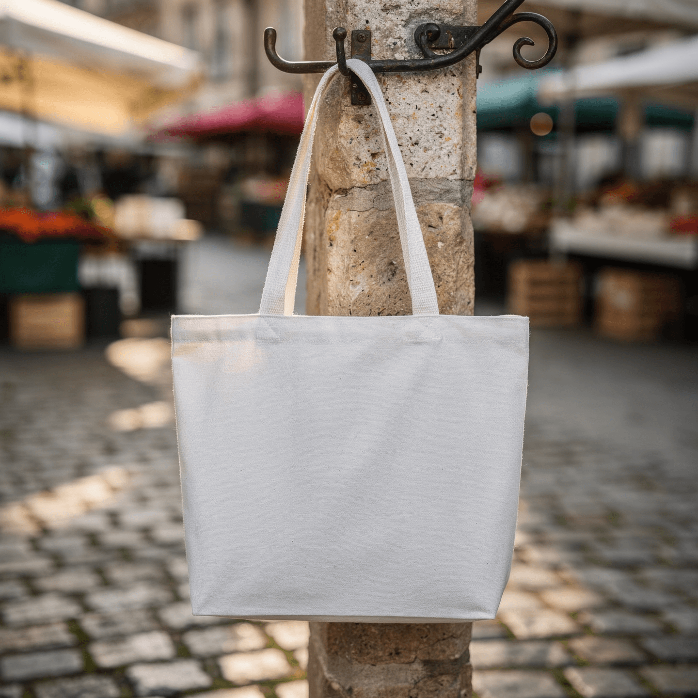 White Cotton Canvas Tote Bag Mockup - Market Setting — Front Flat Product View