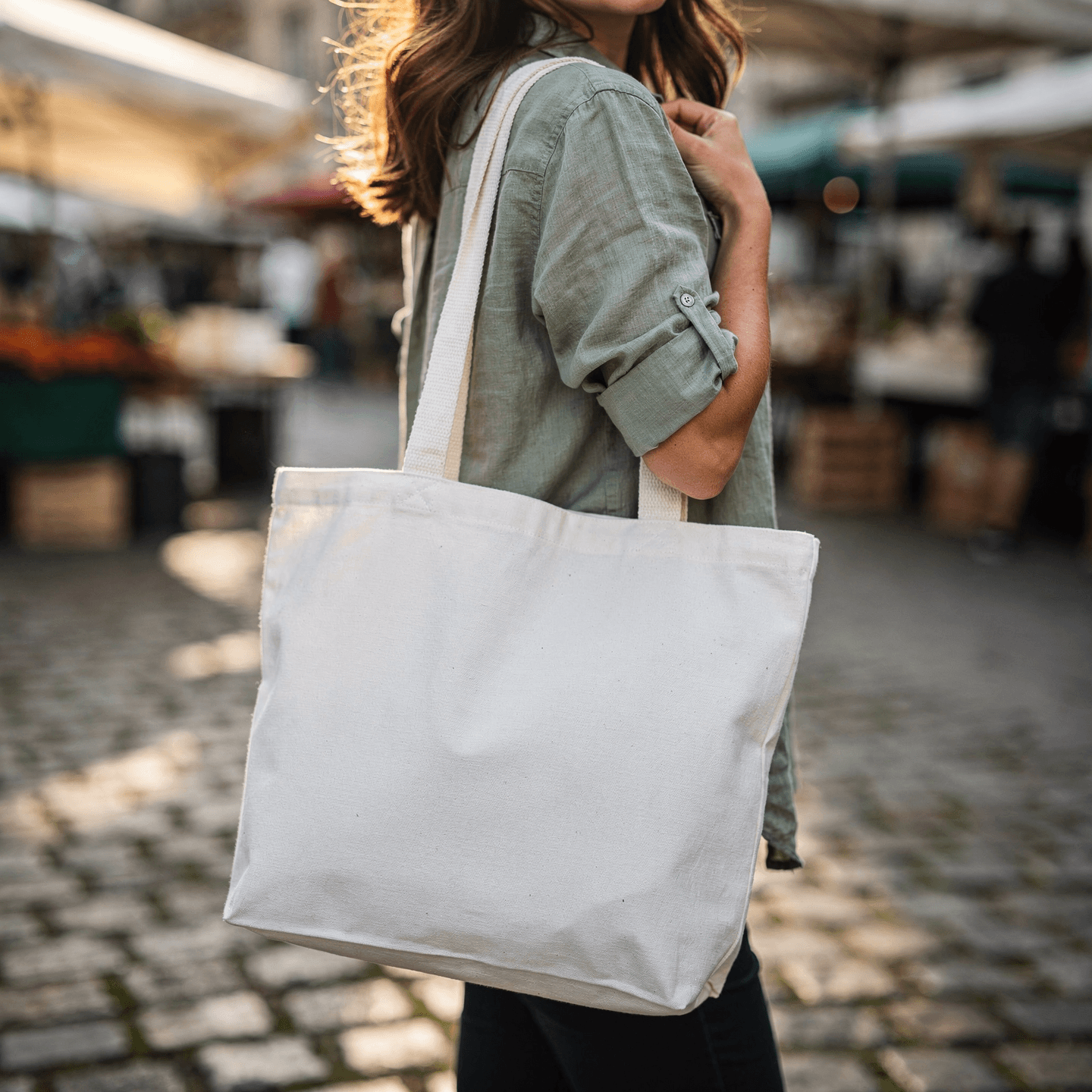 White Cotton Canvas Tote Bag Mockup - Market Setting