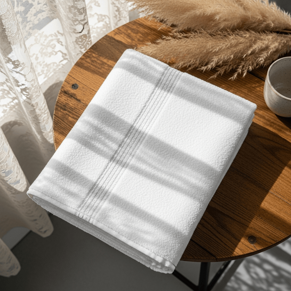 White Bath Towel Mockup – Bohemian Cafe Setting
