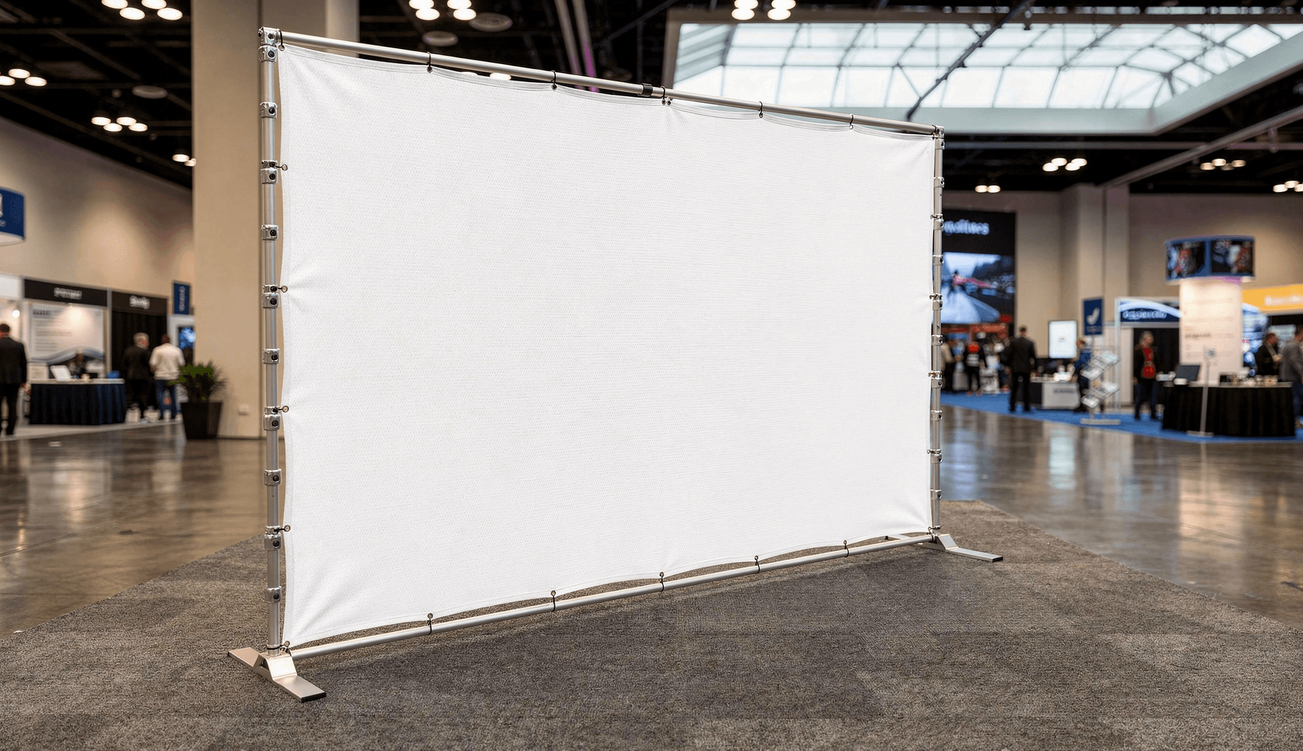 White Trade Show Tension Fabric Backdrop Mockup — Left Perspective View