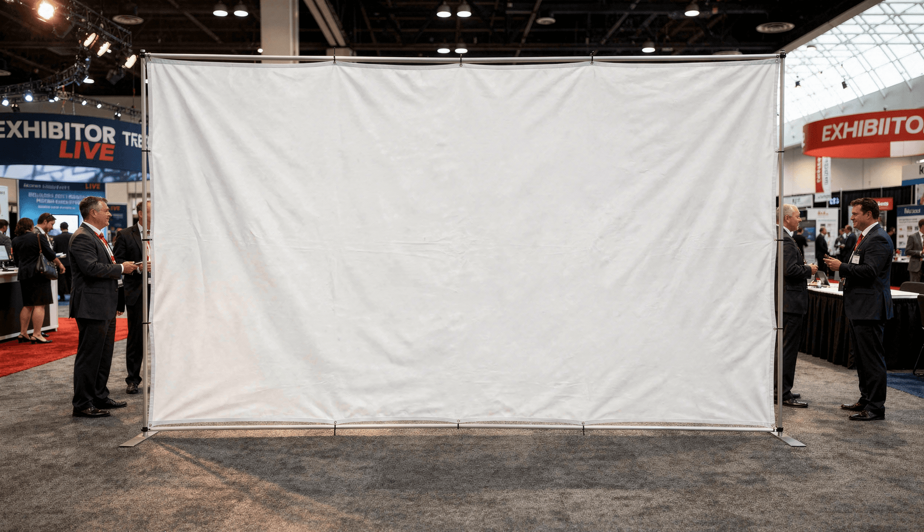 White 10x8 Trade Show Backdrop Mockup — Three-Quarter Booth Context