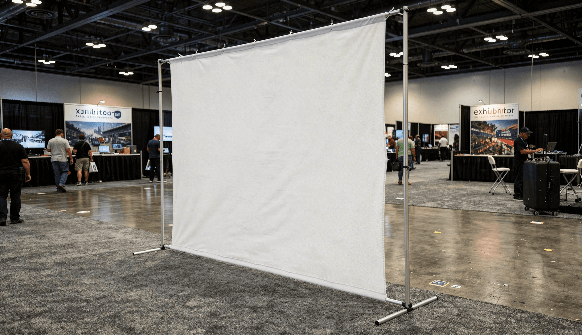 White Tension Fabric Trade Show Backdrop Mockup — Three-Quarter Booth Context