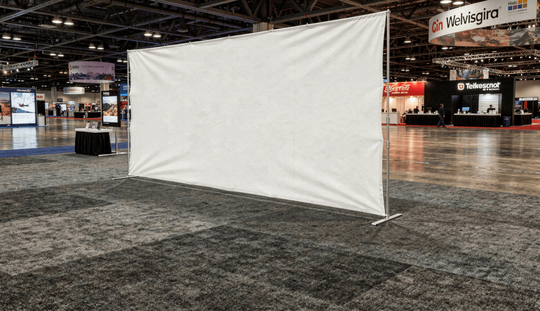 White Curved Trade Show Backdrop Mockup — Three-Quarter Booth Context