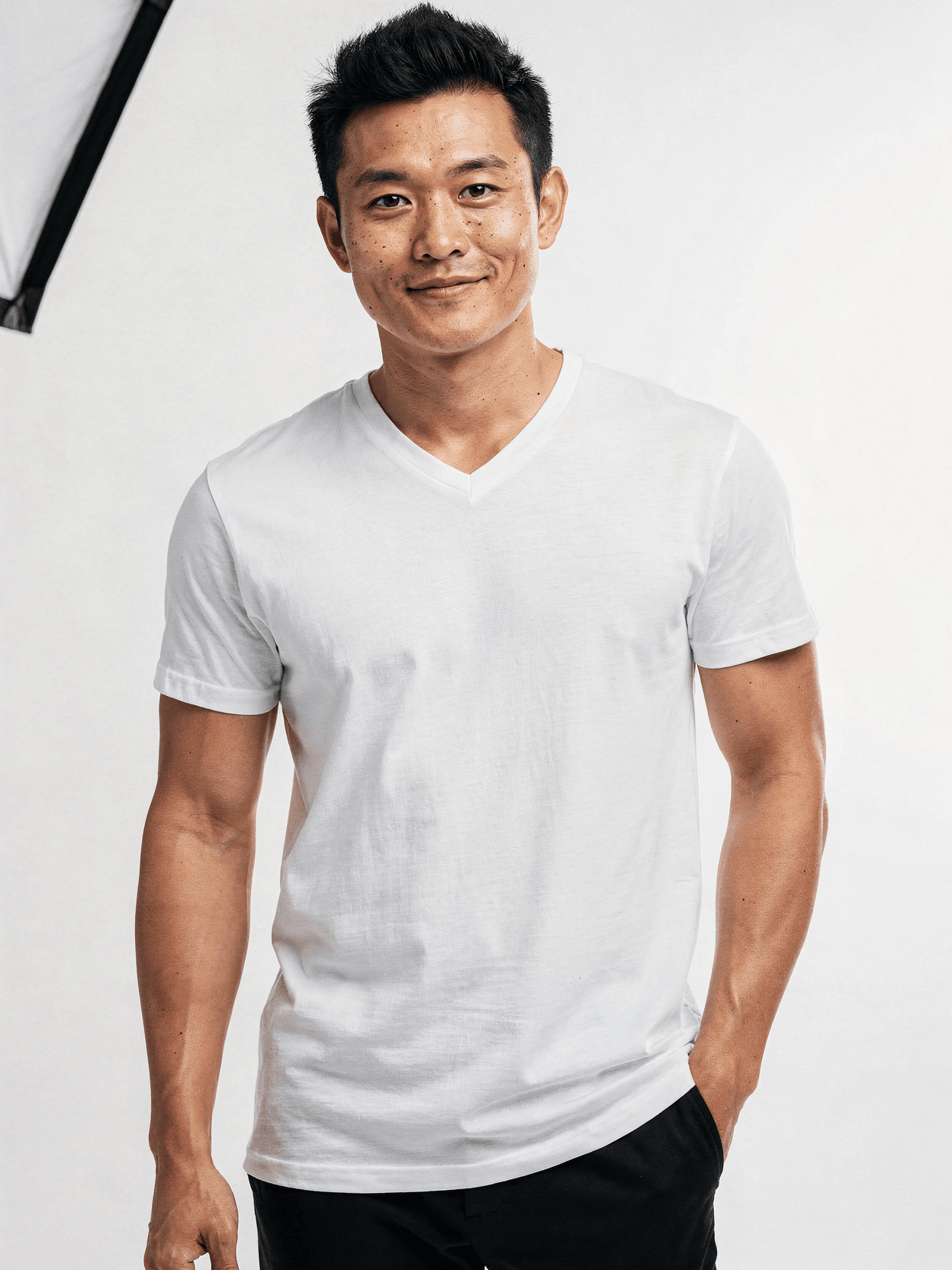 White Polyester V-Neck T-Shirt Mockup on Male Model