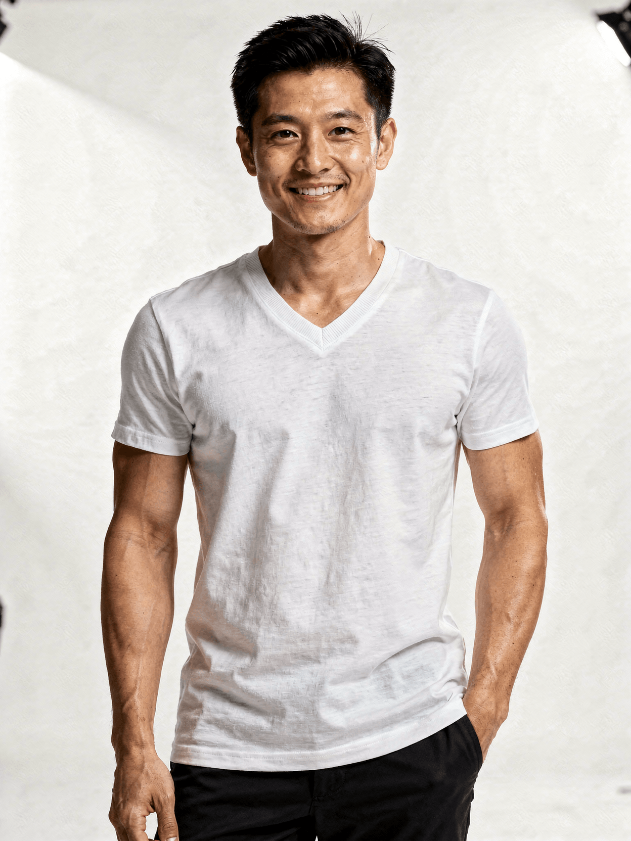 White Tri-Blend V-Neck T-Shirt Mockup on Male Model