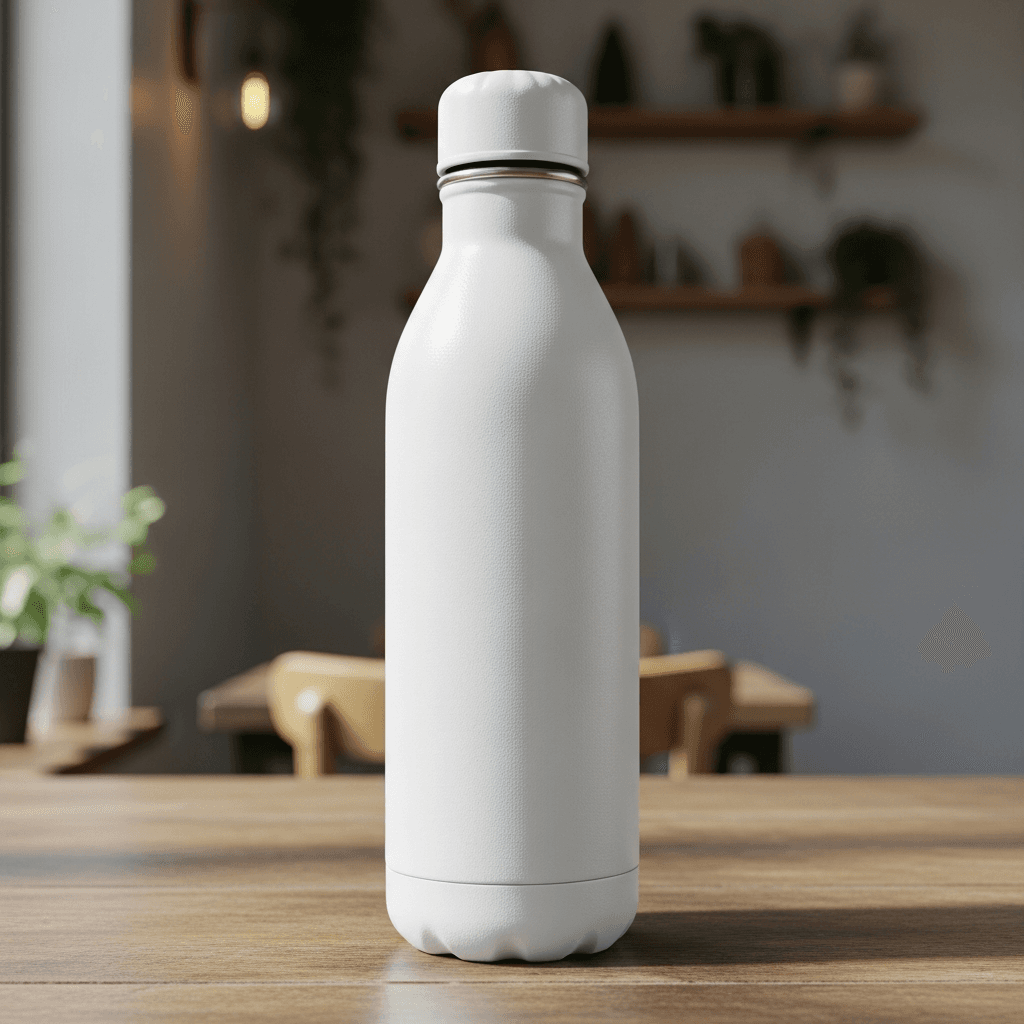 White Stainless Steel Water Bottle Mockup - Cafe