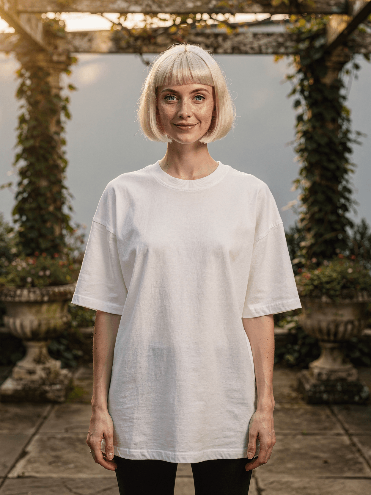 White Oversized Tee Mockup – Vintage Garden Terrace