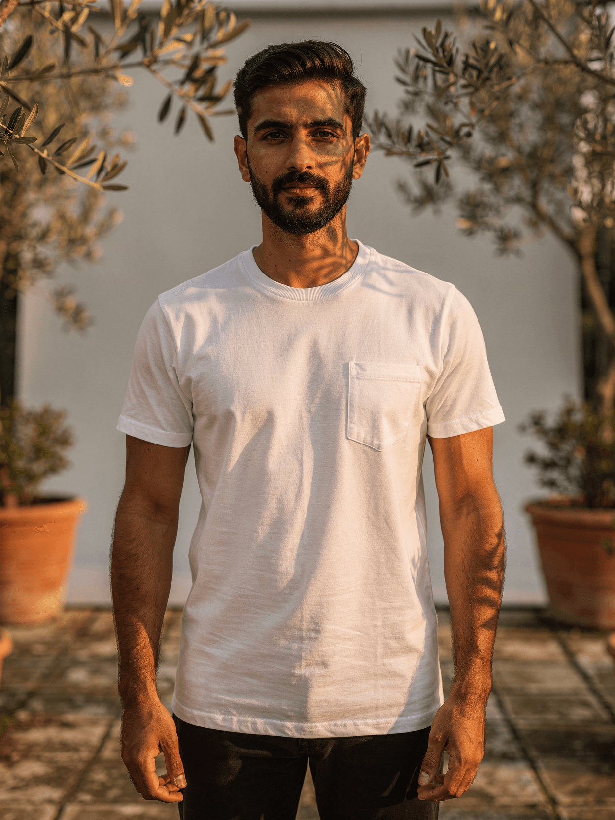 White Pocket Tee Mockup – Vintage Garden Terrace