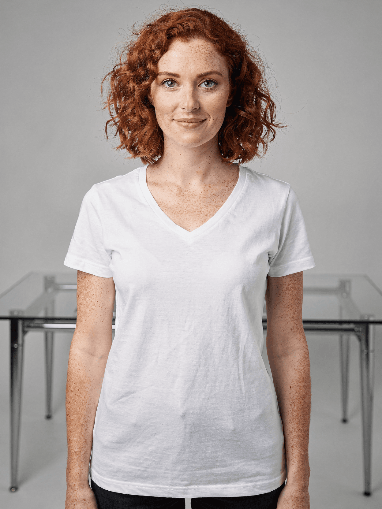 White V-Neck T-Shirt Mockup on Model – Office Style