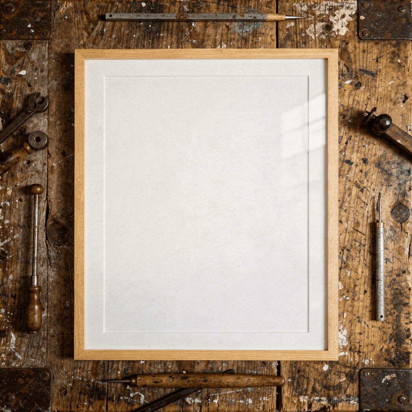 White Wooden Frame Mockup – Industrial Loft Setting — Overhead Flat Lay