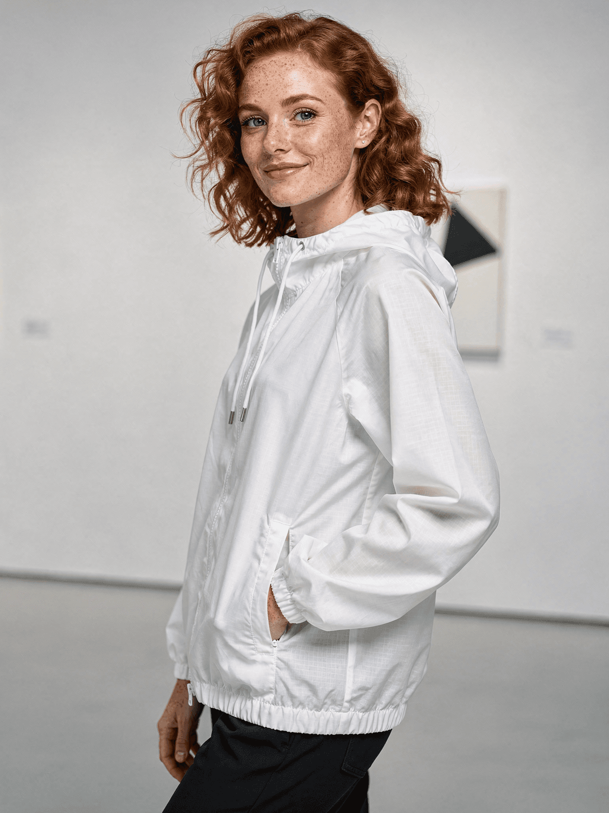 White Cotton Blend Windbreaker Mockup on Female Model